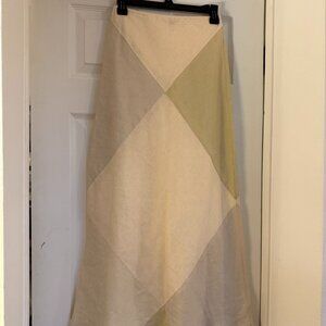 VRG GRL Patchwork Linen Midi Skirt | Size 6 | Neutral A-Line